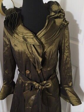 Jerry T Luxury Women’s Olive Green Ruffled Trench Coat or Dress Shiny Elegant